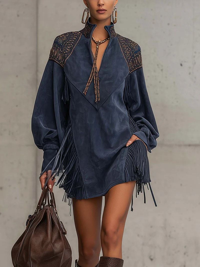 Indigo Embroidered Tassel Mini Dress with Stand-up Collar