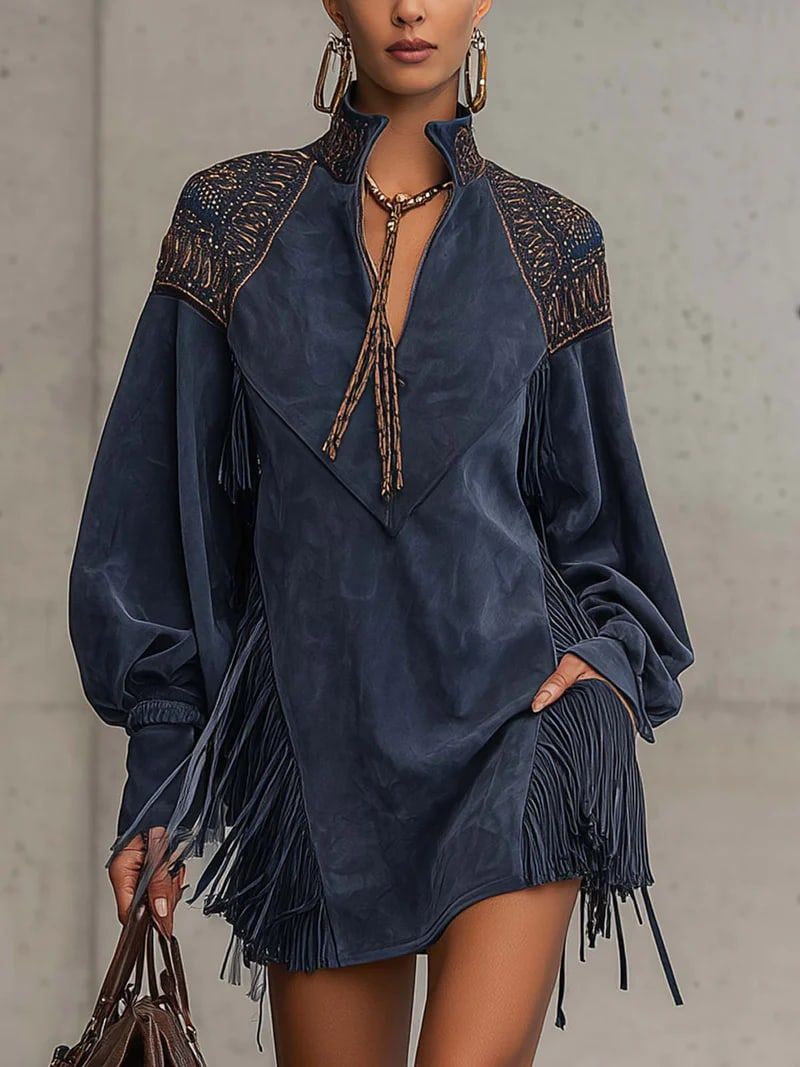 Indigo Embroidered Tassel Mini Dress with Stand-up Collar