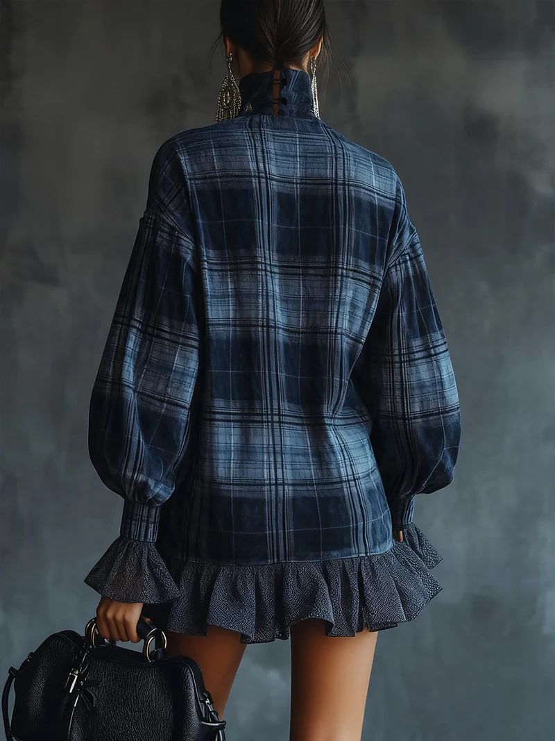 Blue Plaid Ruffle Mini Dress with Turtleneck