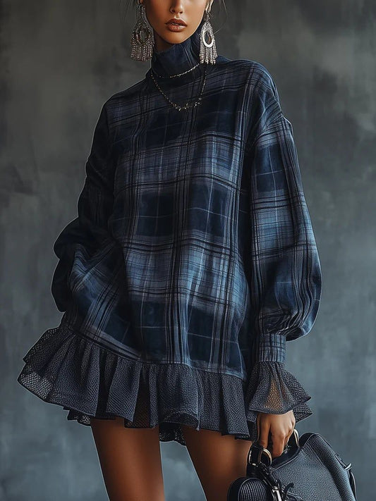 Blue Plaid Ruffle Mini Dress with Turtleneck