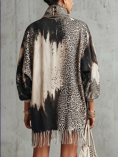 Leopard Print Tie-Dye High Neck Fringe Mini Dress