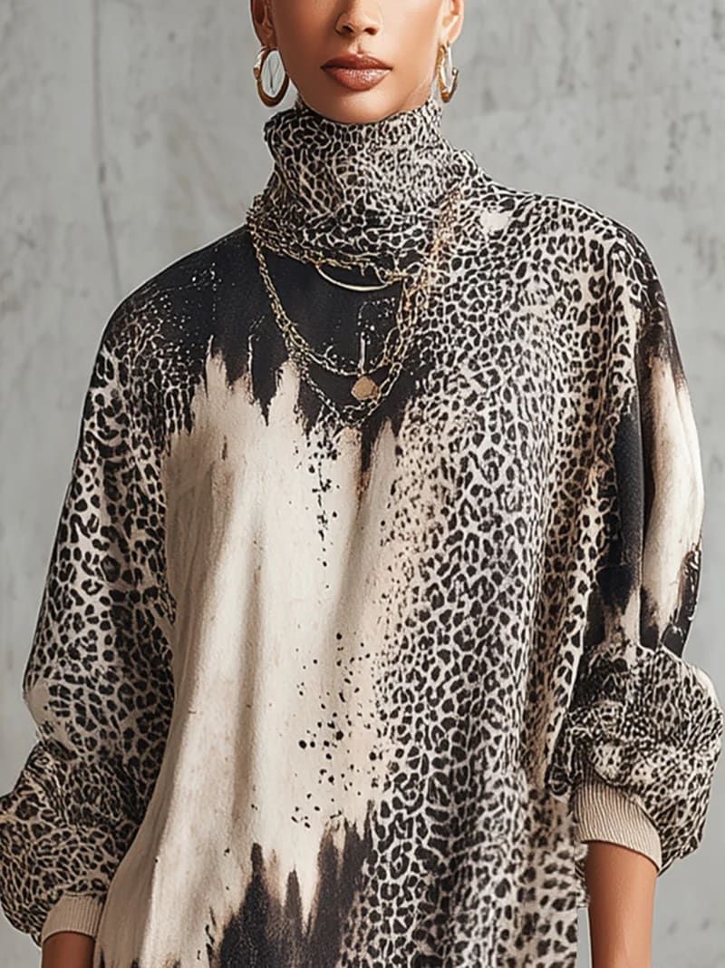 Leopard Print Tie-Dye High Neck Fringe Mini Dress