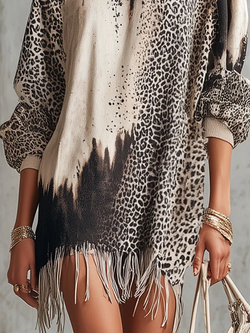 Leopard Print Tie-Dye High Neck Fringe Mini Dress