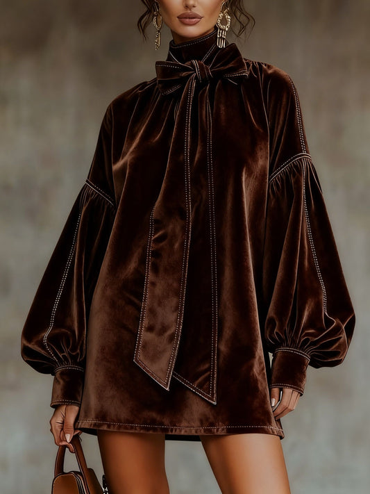 Dark Brown Velvet Mini Dress with Bow and Lantern Sleeves
