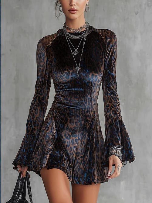 Velvet Mini Dress with Blue Leopard Print