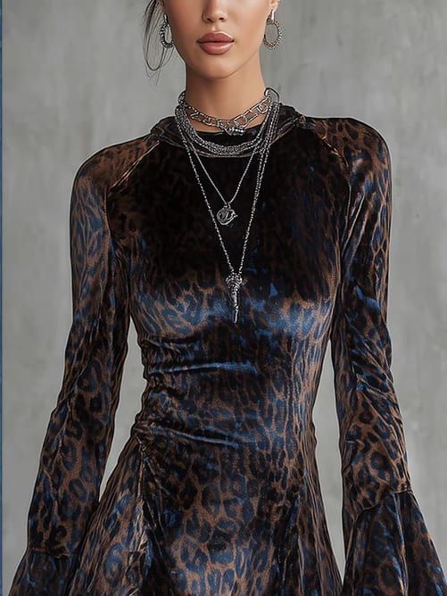 Velvet Mini Dress with Blue Leopard Print