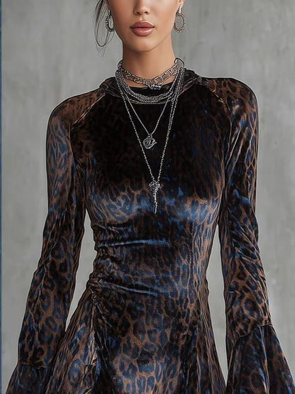 Velvet Mini Dress with Blue Leopard Print