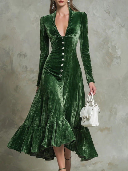 Deep V-Neck Dark Green Velvet Fishtail Midi Dress