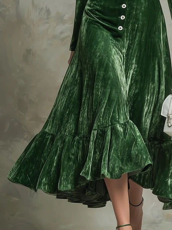 Deep V-Neck Dark Green Velvet Fishtail Midi Dress