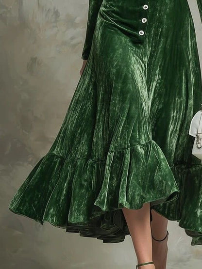 Deep V-Neck Dark Green Velvet Fishtail Midi Dress