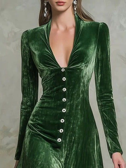 Deep V-Neck Dark Green Velvet Fishtail Midi Dress