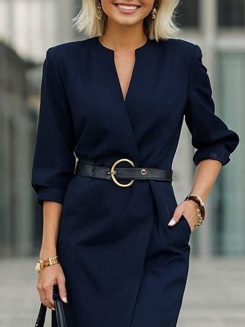 Navy Blue V-Neck Midi Dress with Belt and Three-Quarter Lantern Sleeves