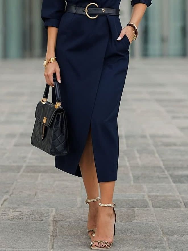 Navy Blue V-Neck Midi Dress with Belt and Three-Quarter Lantern Sleeves