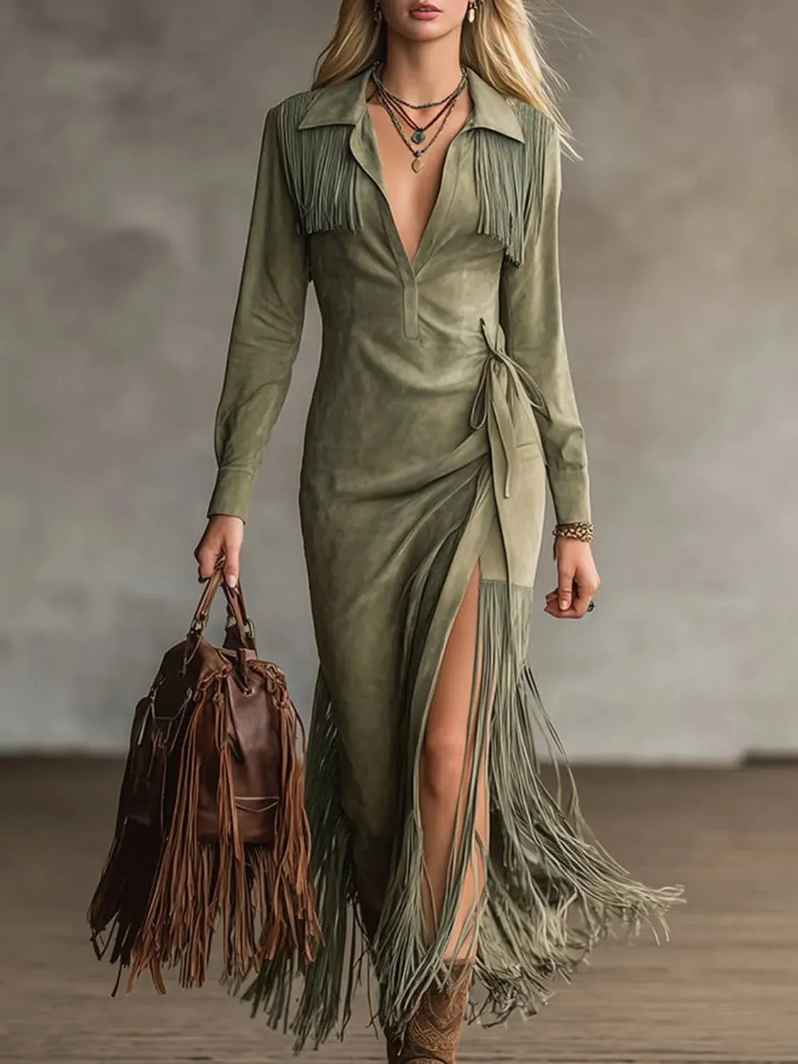 Olive Green Faux Suede Maxi Dress with Tassel Lapel