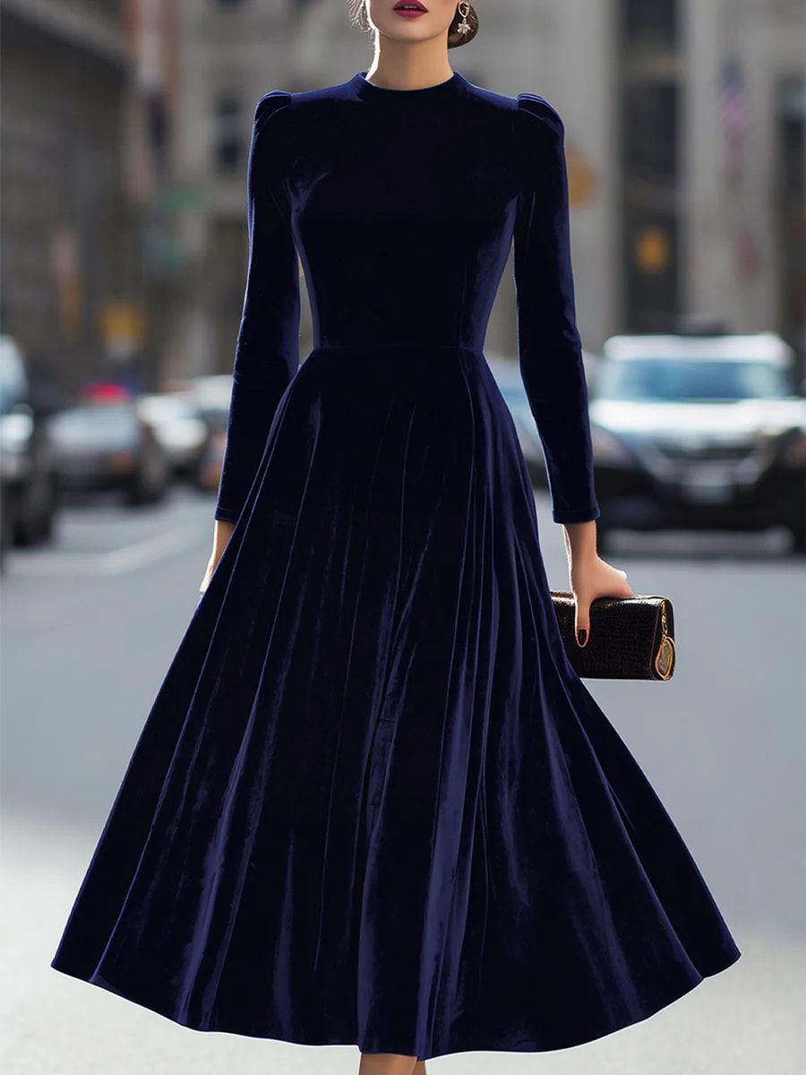 Navy Blue Velvet Retro Fitted Midi Dress