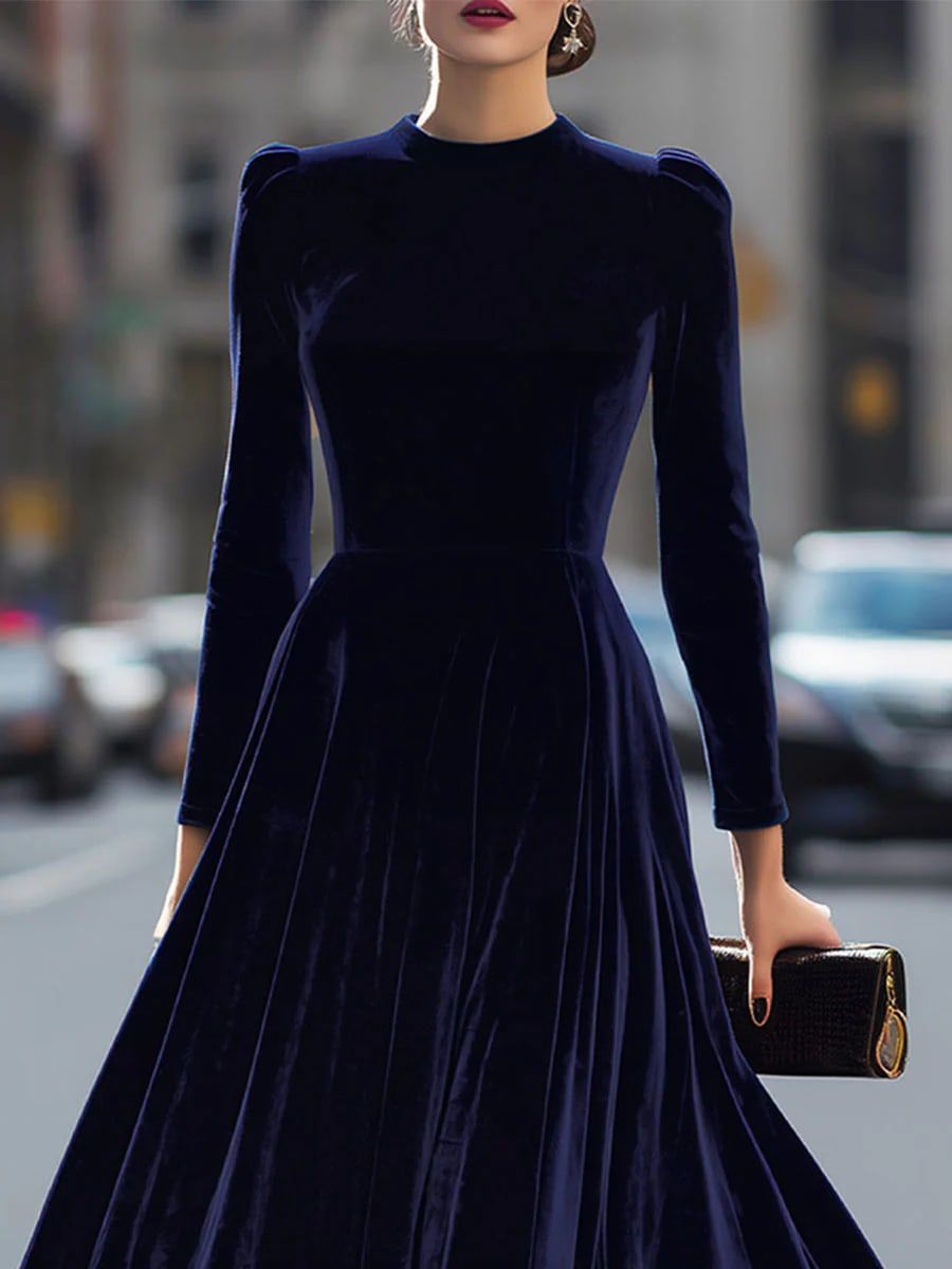 Navy Blue Velvet Retro Fitted Midi Dress