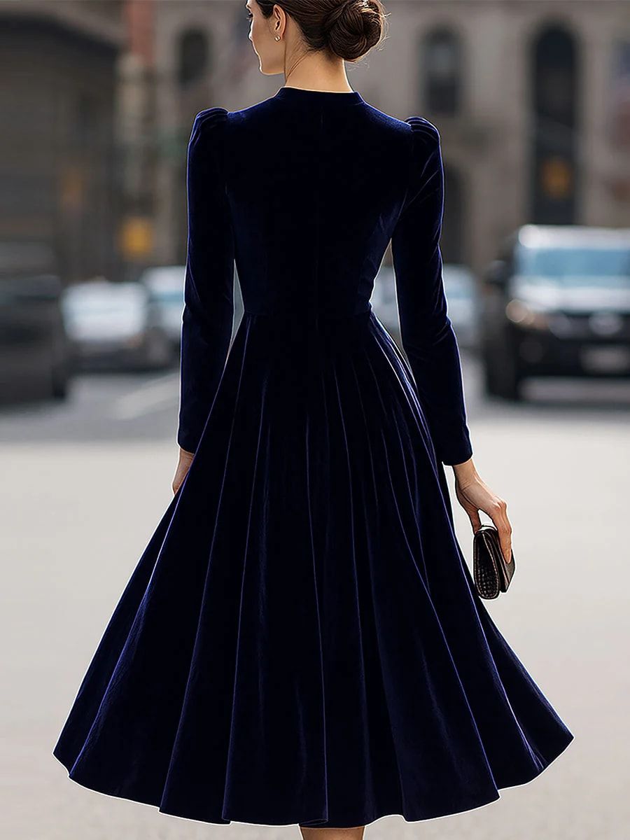 Navy Blue Velvet Retro Fitted Midi Dress