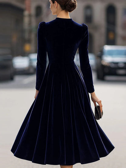 Navy Blue Velvet Retro Fitted Midi Dress