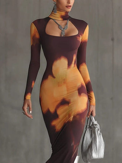 High Neck Cutout Bodycon Dress in Dark Purple Ombre Floral