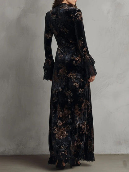 Flowy Maxi Dress with Black and Blue Floral Velvet and Lace Trim Bell Sleeves