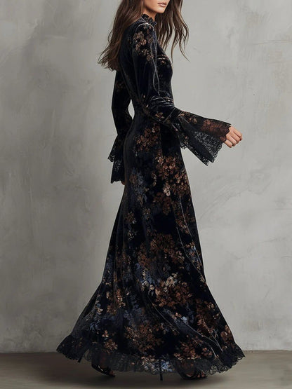 Flowy Maxi Dress with Black and Blue Floral Velvet and Lace Trim Bell Sleeves