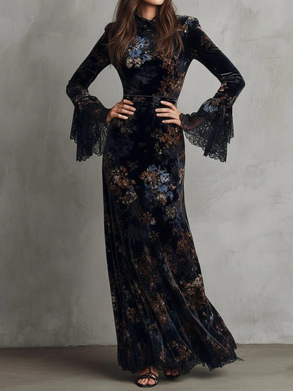 Flowy Maxi Dress with Black and Blue Floral Velvet and Lace Trim Bell Sleeves
