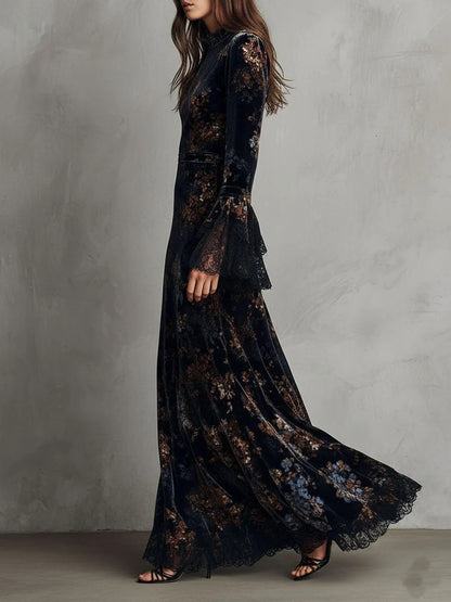 Flowy Maxi Dress with Black and Blue Floral Velvet and Lace Trim Bell Sleeves