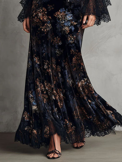 Flowy Maxi Dress with Black and Blue Floral Velvet and Lace Trim Bell Sleeves