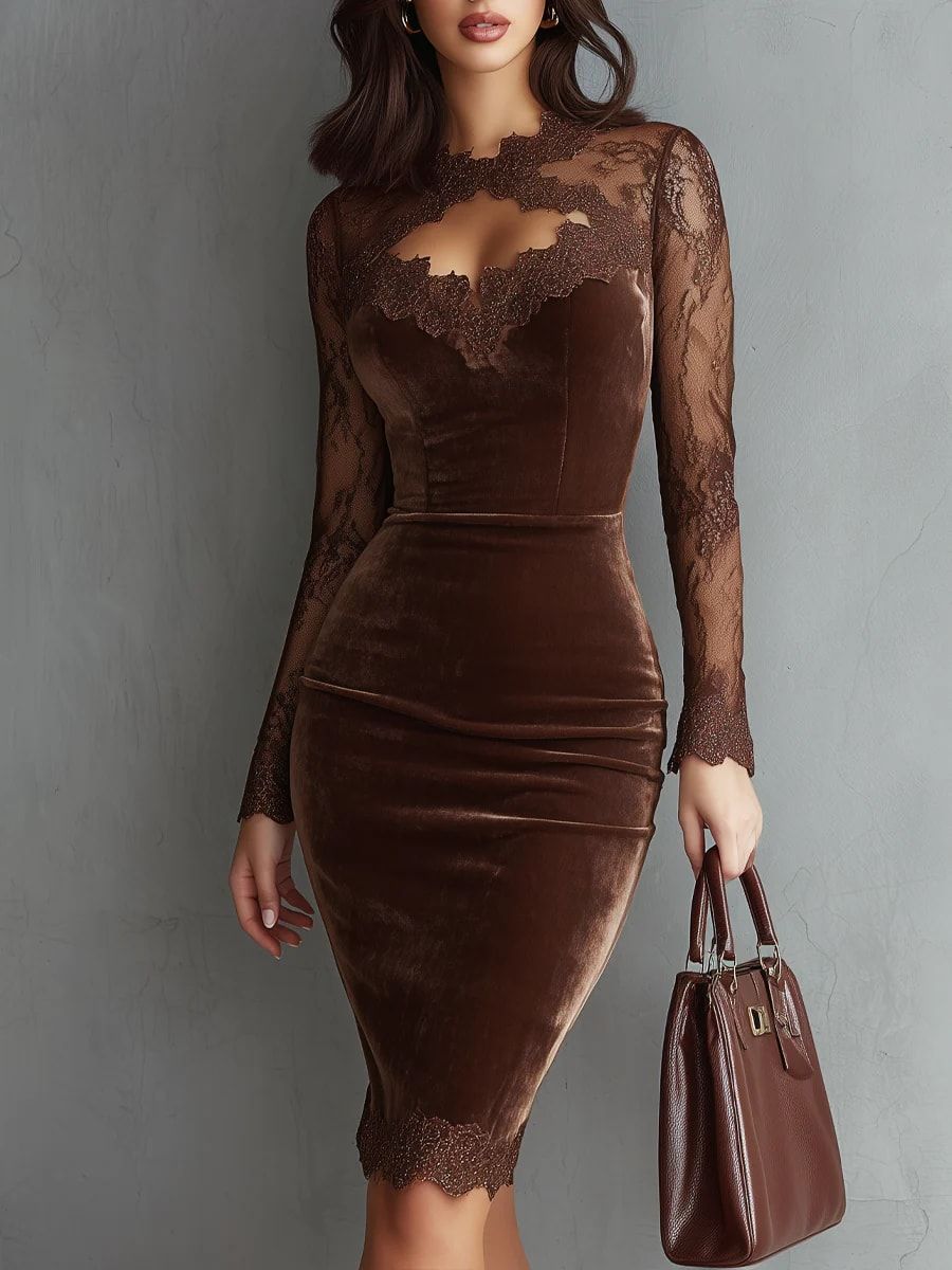 Brown Velvet Mini Dress with Lace Sleeves and Keyhole Neckline