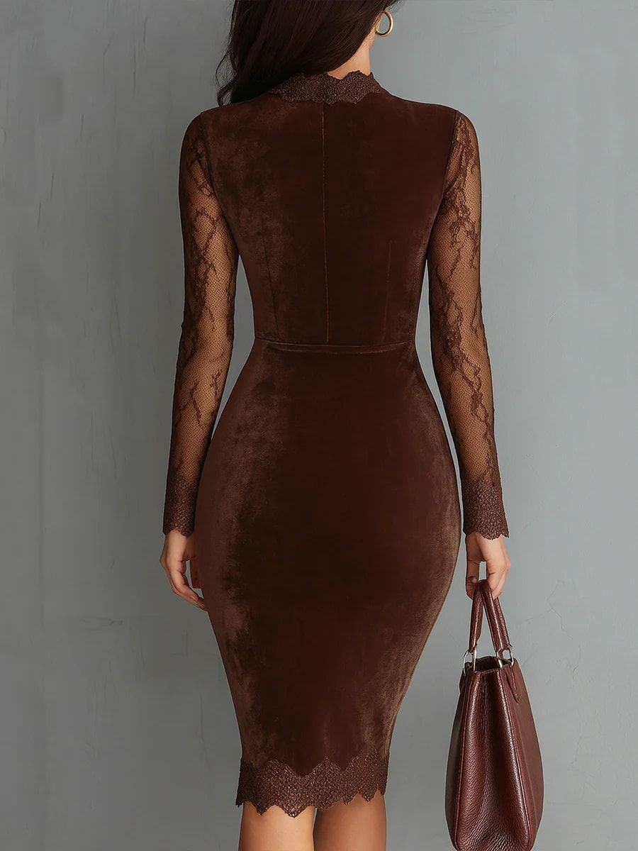 Brown Velvet Mini Dress with Lace Sleeves and Keyhole Neckline