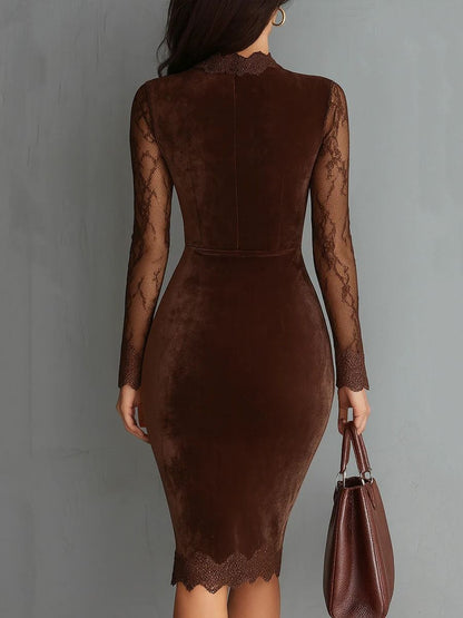 Brown Velvet Mini Dress with Lace Sleeves and Keyhole Neckline