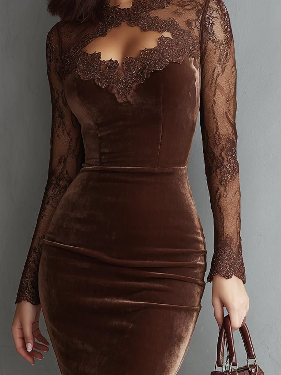 Brown Velvet Mini Dress with Lace Sleeves and Keyhole Neckline