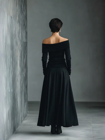 Black Off-the-Shoulder Fitted Top and Skirt Set