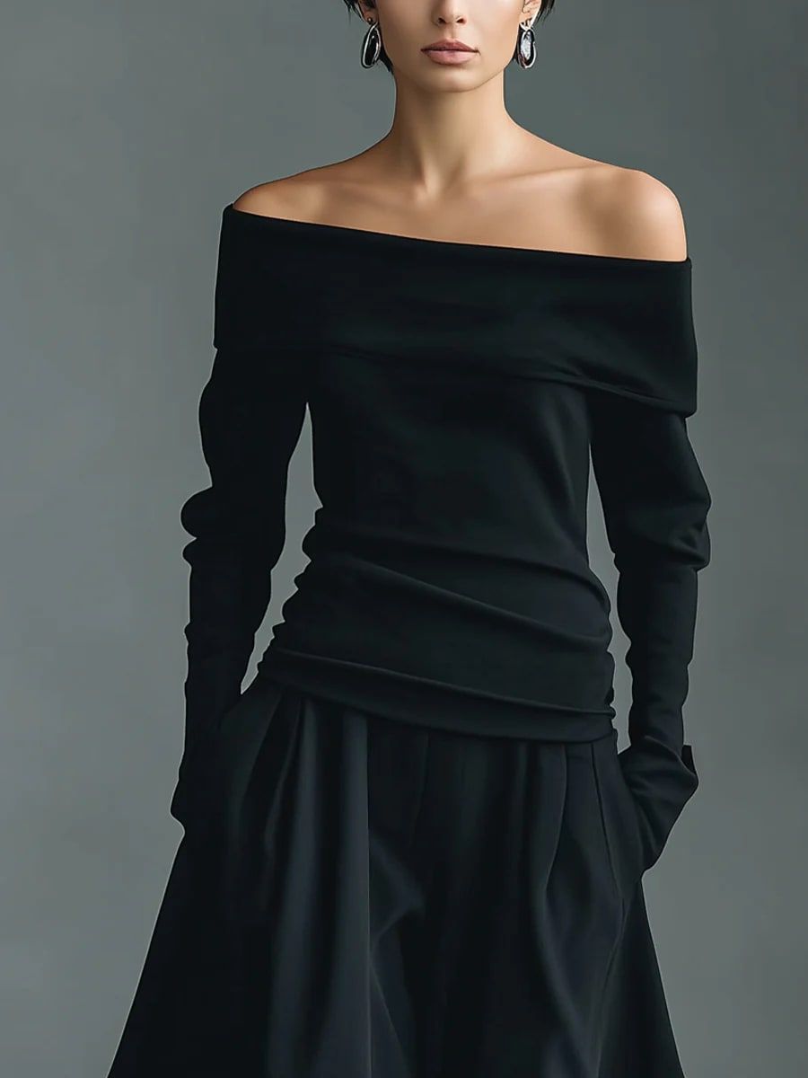 Black Off-the-Shoulder Fitted Top and Skirt Set