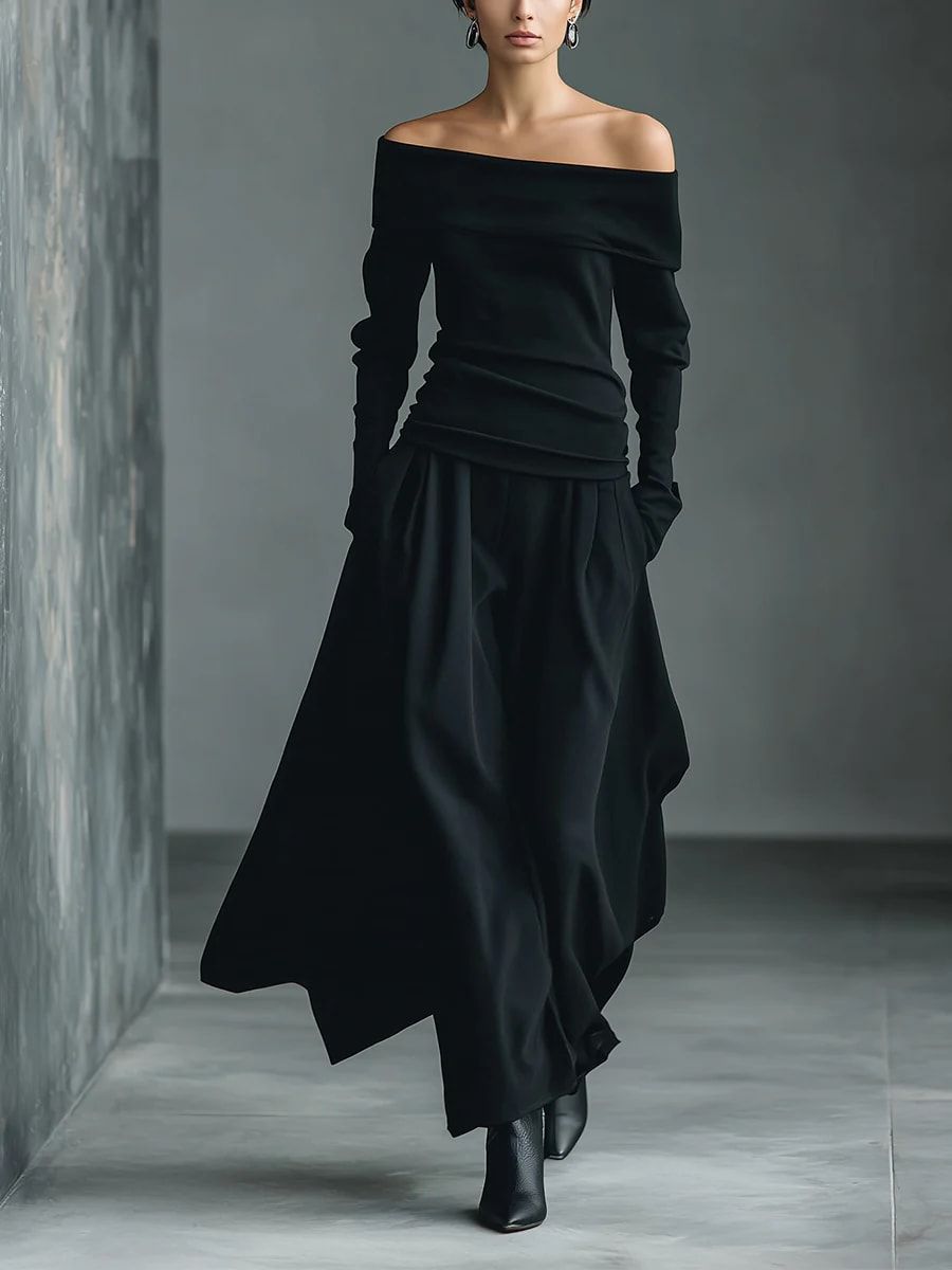 Black Off-the-Shoulder Fitted Top and Skirt Set