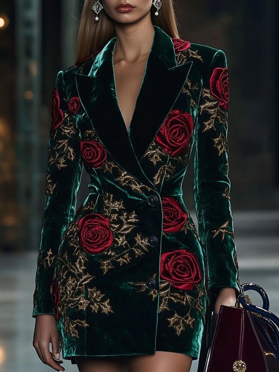 Mini Dress with Dark Green Velvet Rose Print