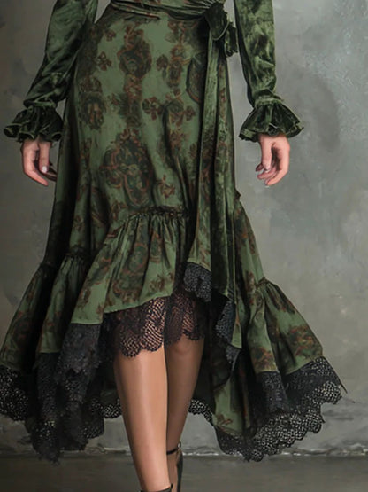 Elegant Vintage Lace Trim Velvet Midi Dress