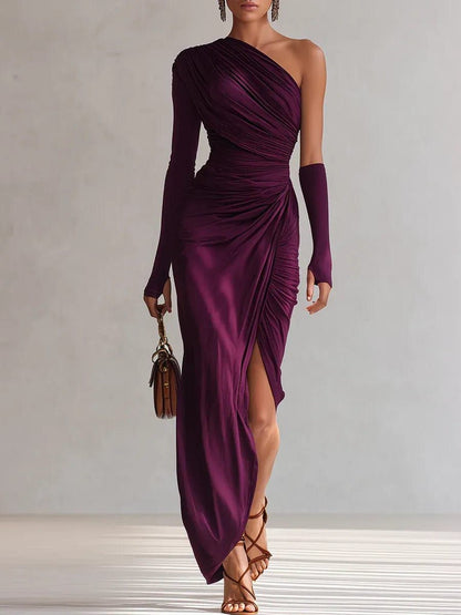 Elegant retro purple sexy one-shoulder maxi dress