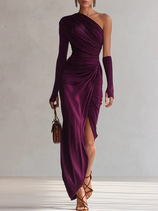Elegant retro purple sexy one-shoulder maxi dress