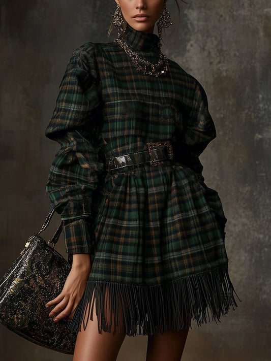 Tartan Mini Dress with High Neck and Fringe Hem