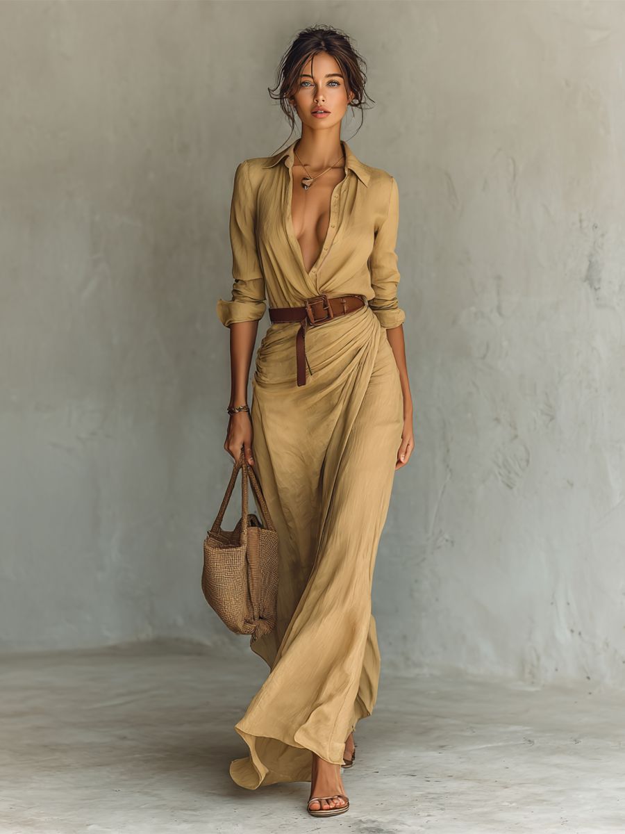 Long Dress with Notched Collar and Belt Included