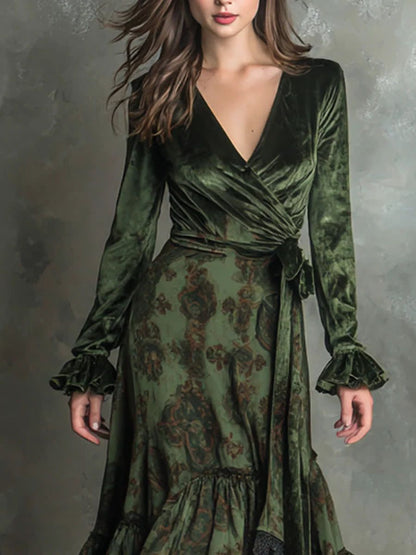 Elegant Vintage Lace Trim Velvet Midi Dress