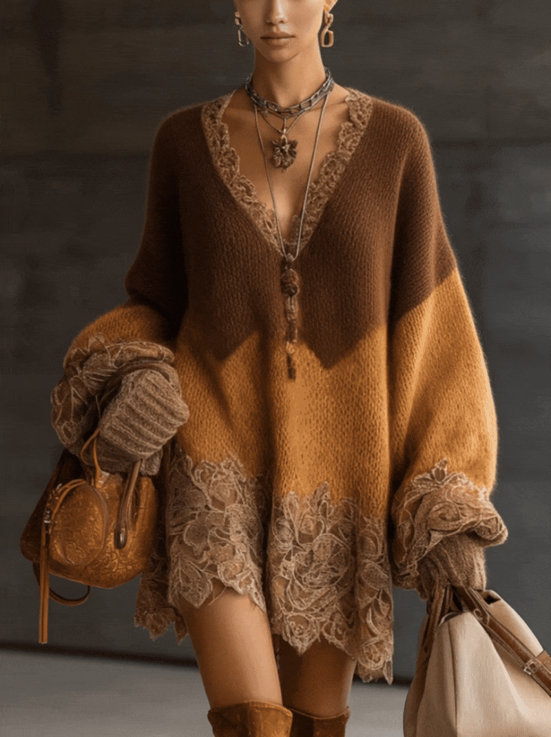 Cozy Gradient Sweater with Bohemian Lace Details
