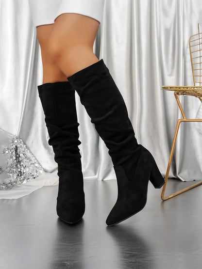 Chunky Heel Mid-Calf Faux Suede Boots