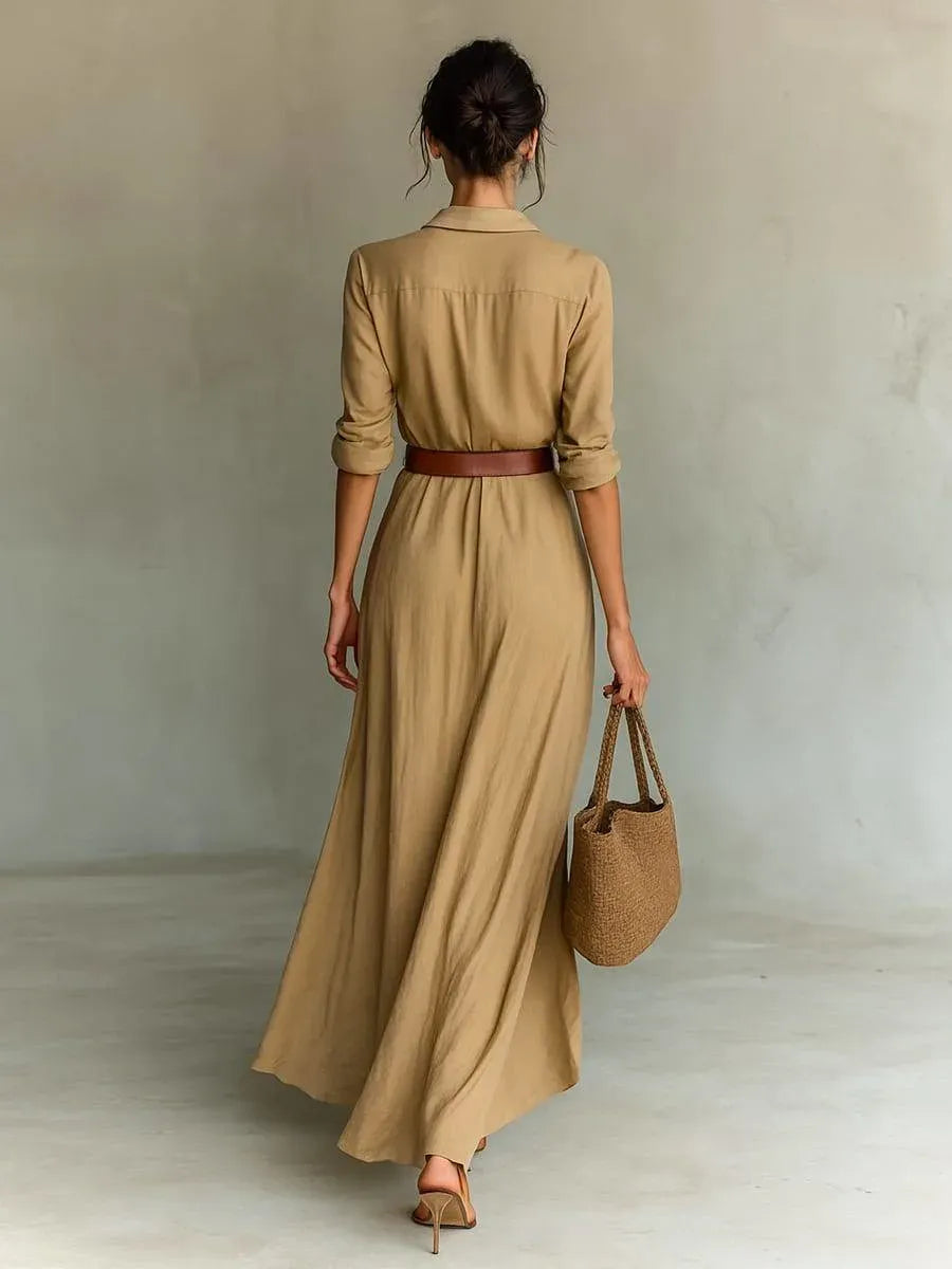 Long Dress with Notched Collar and Belt Included