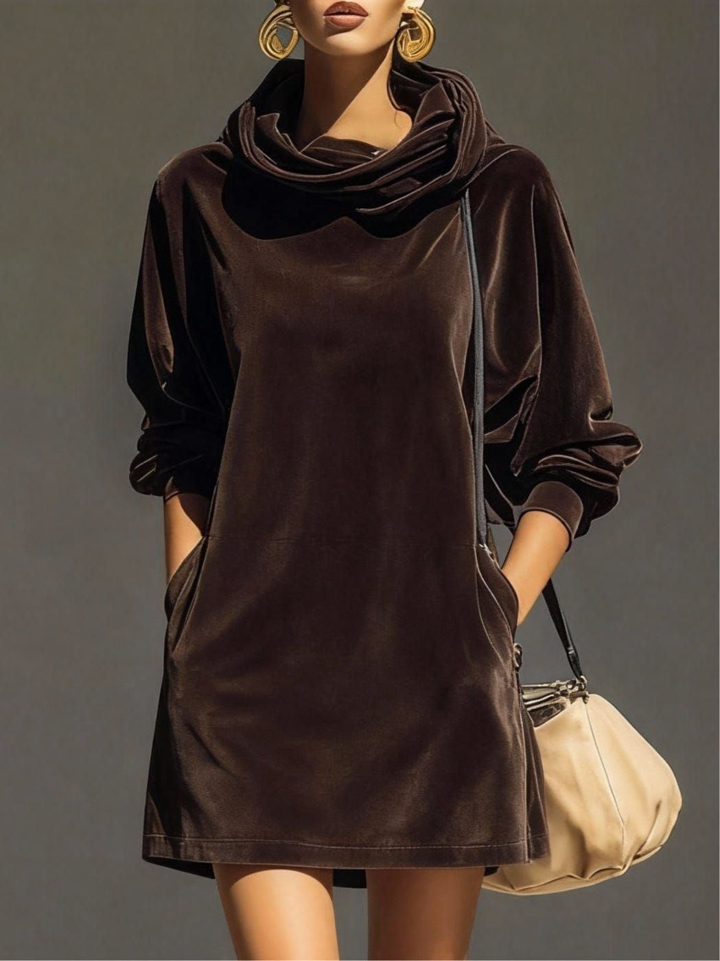 Loose Mini Dress in Vintage Brown Velvet Hoodie Style