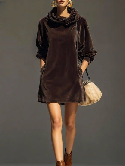 Loose Mini Dress in Vintage Brown Velvet Hoodie Style