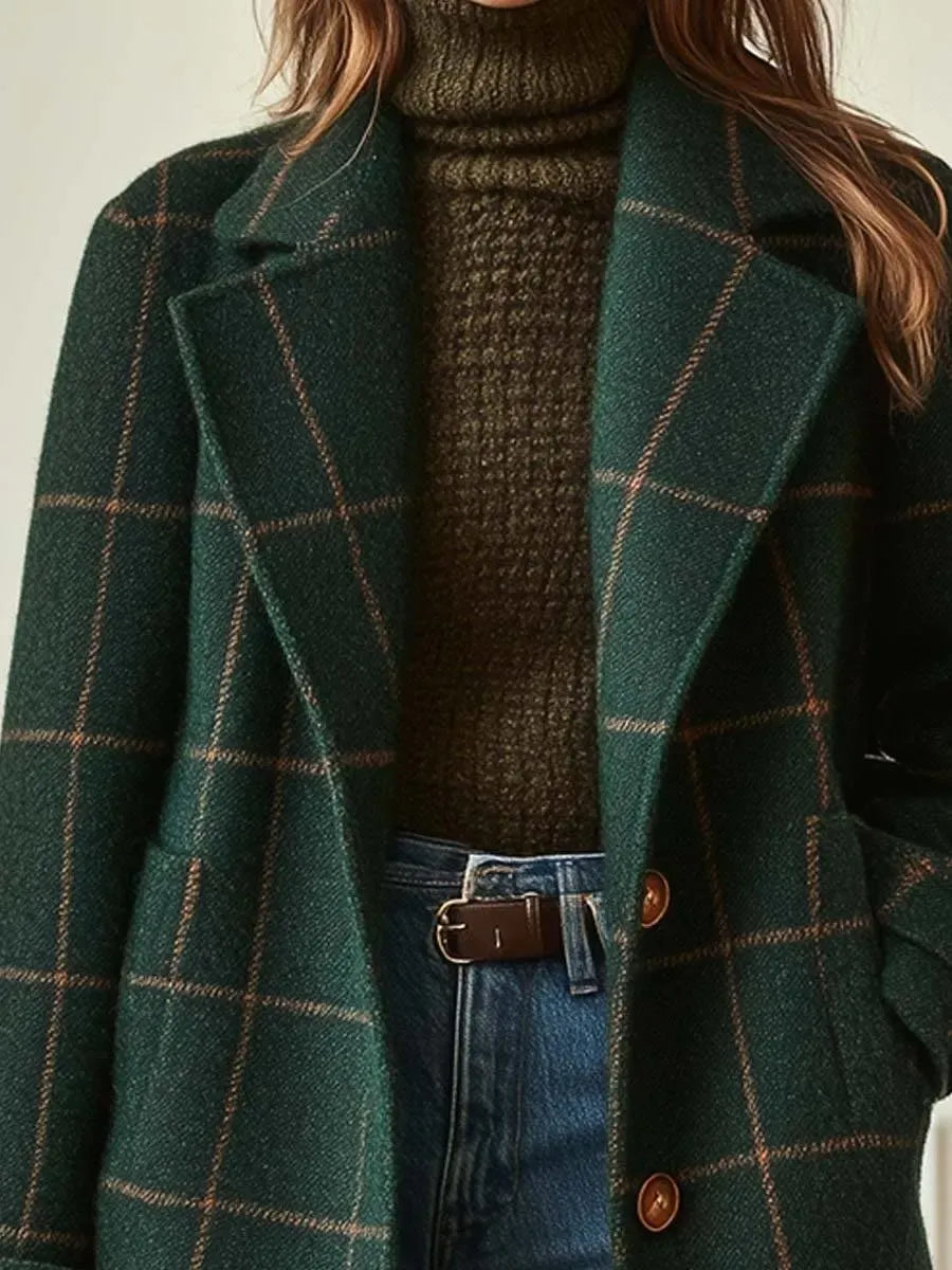 Long Plaid Tweed Coat with Lapel