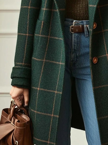 Long Plaid Tweed Coat with Lapel