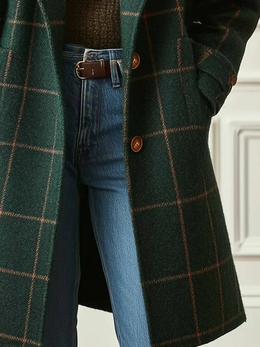 Long Plaid Tweed Coat with Lapel